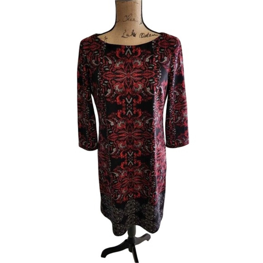 London Style Collection Red Black Damask‎ Medallion Sheath Dress Size M 153031